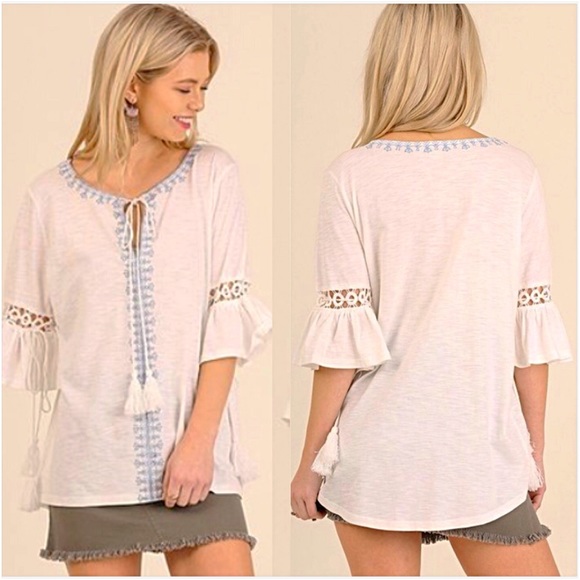 Boho Chic Embroidered Flowy Tassel Top S/M - Picture 3 of 8
